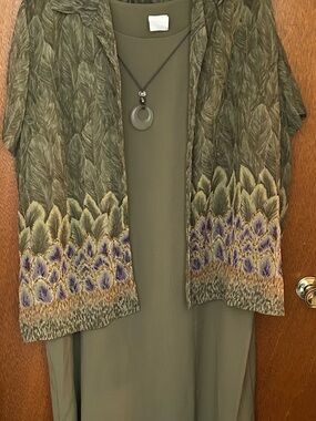 Olive Green Women's Dress with Patterned Overlay